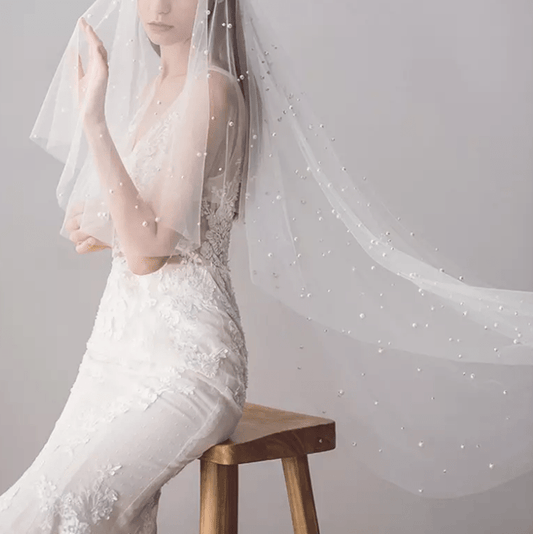 Faux Pearl Decor Long Bridal Veil - Mura Boutique