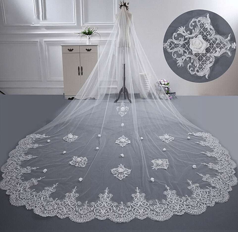 Floral Embroidered Extra Long Bridal Veil - Mura Boutique
