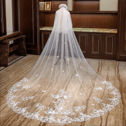 Floral Embroidered Long Bridal Veil - Mura Boutique