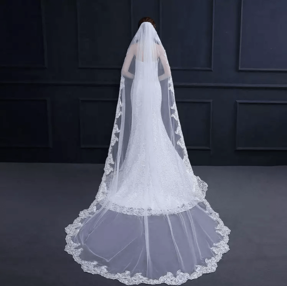 Floral Embroidered Long Bridal Veil - Mura Boutique