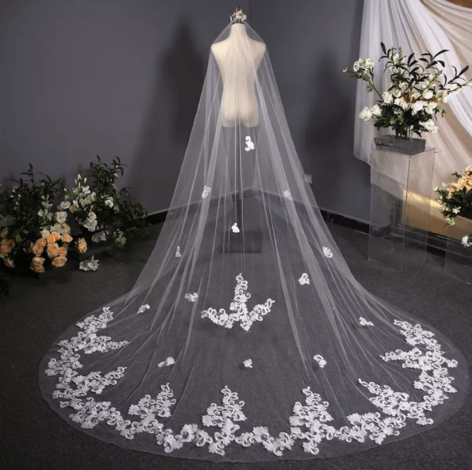 Floral Embroidered Long Bridal Veil - Mura Boutique