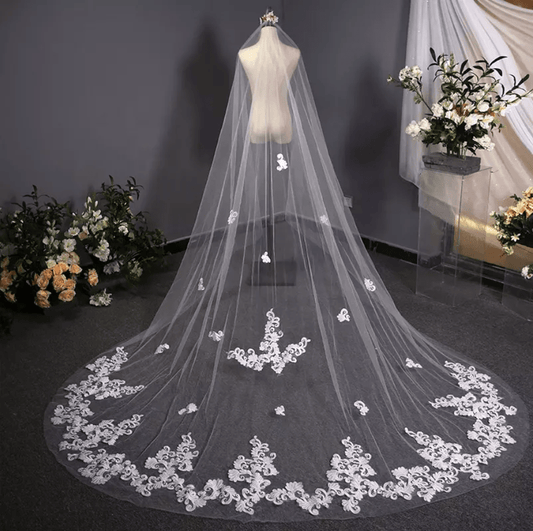 Floral Embroidered Long Bridal Veil - Mura Boutique