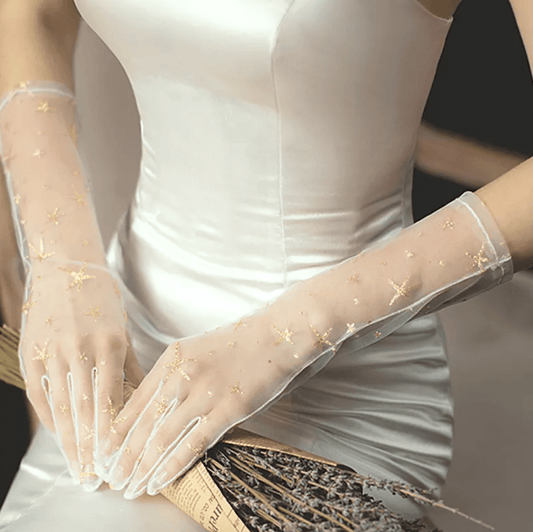 Gold Embroidered Sheer Wedding Gloves - Mura Boutique