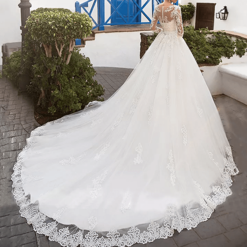 Lace Sleeve Tulle Cathedral Train Wedding Dress - Mura Boutique