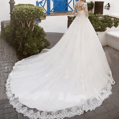 Lace Sleeve Tulle Cathedral Train Wedding Dress - Mura Boutique