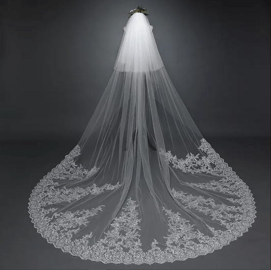Lace Trim Extra Long Bridal Veil - Mura Boutique
