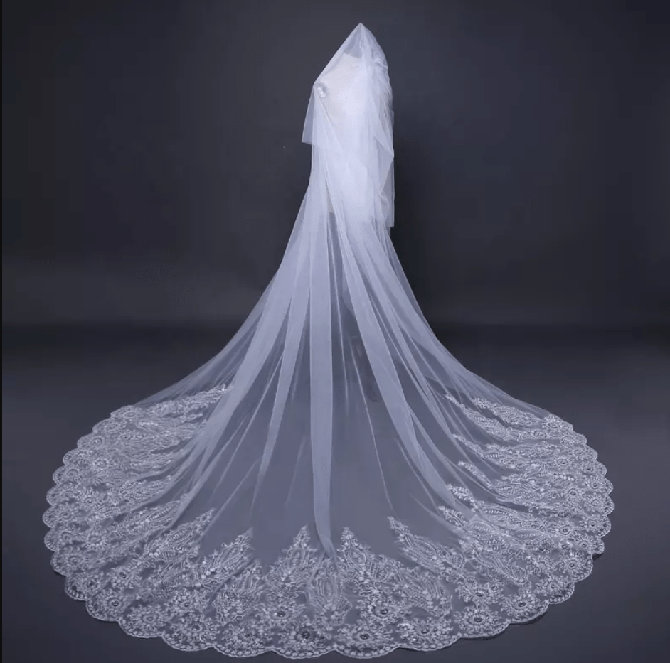 Lace Trim Extra Long Bridal Veil - Mura Boutique