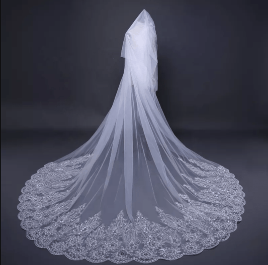 Lace Trim Extra Long Bridal Veil - Mura Boutique