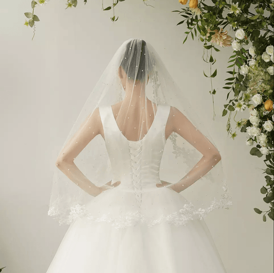 Lace Trim Faux Pearl Bridal Veil - Mura Boutique