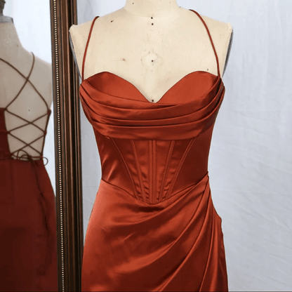 Lace Up Back Satin High Slit Evening Gown - Mura Boutique