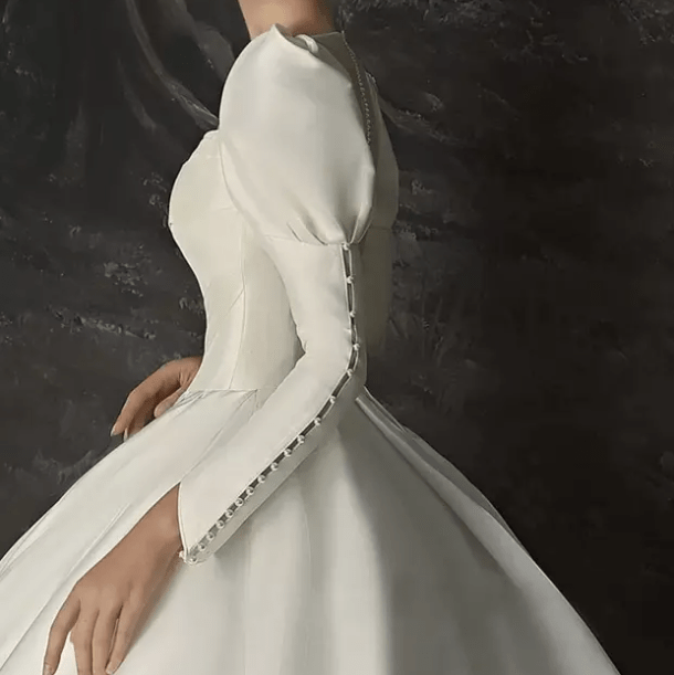 Long Puff Sleeve Satin Cathedral Train Wedding Dress - Mura Boutique
