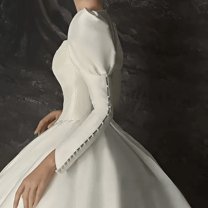 Long Puff Sleeve Satin Cathedral Train Wedding Dress - Mura Boutique