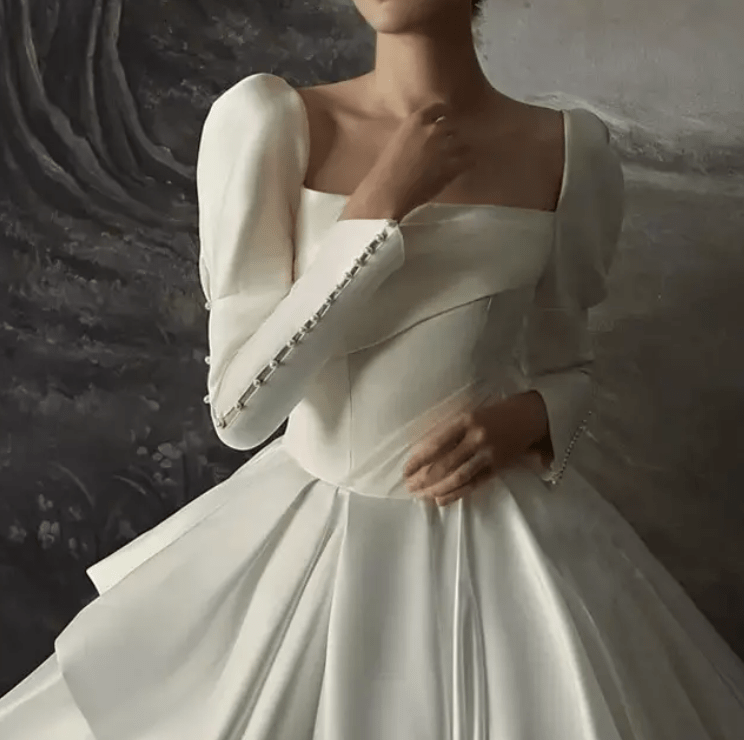 Long Puff Sleeve Satin Cathedral Train Wedding Dress - Mura Boutique