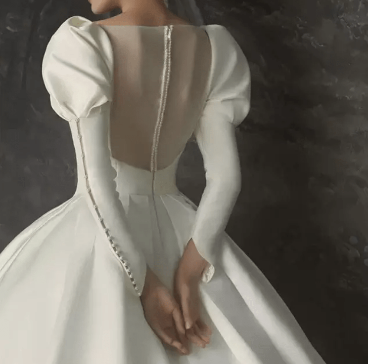 Long Puff Sleeve Satin Cathedral Train Wedding Dress - Mura Boutique