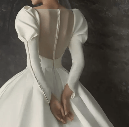 Long Puff Sleeve Satin Cathedral Train Wedding Dress - Mura Boutique
