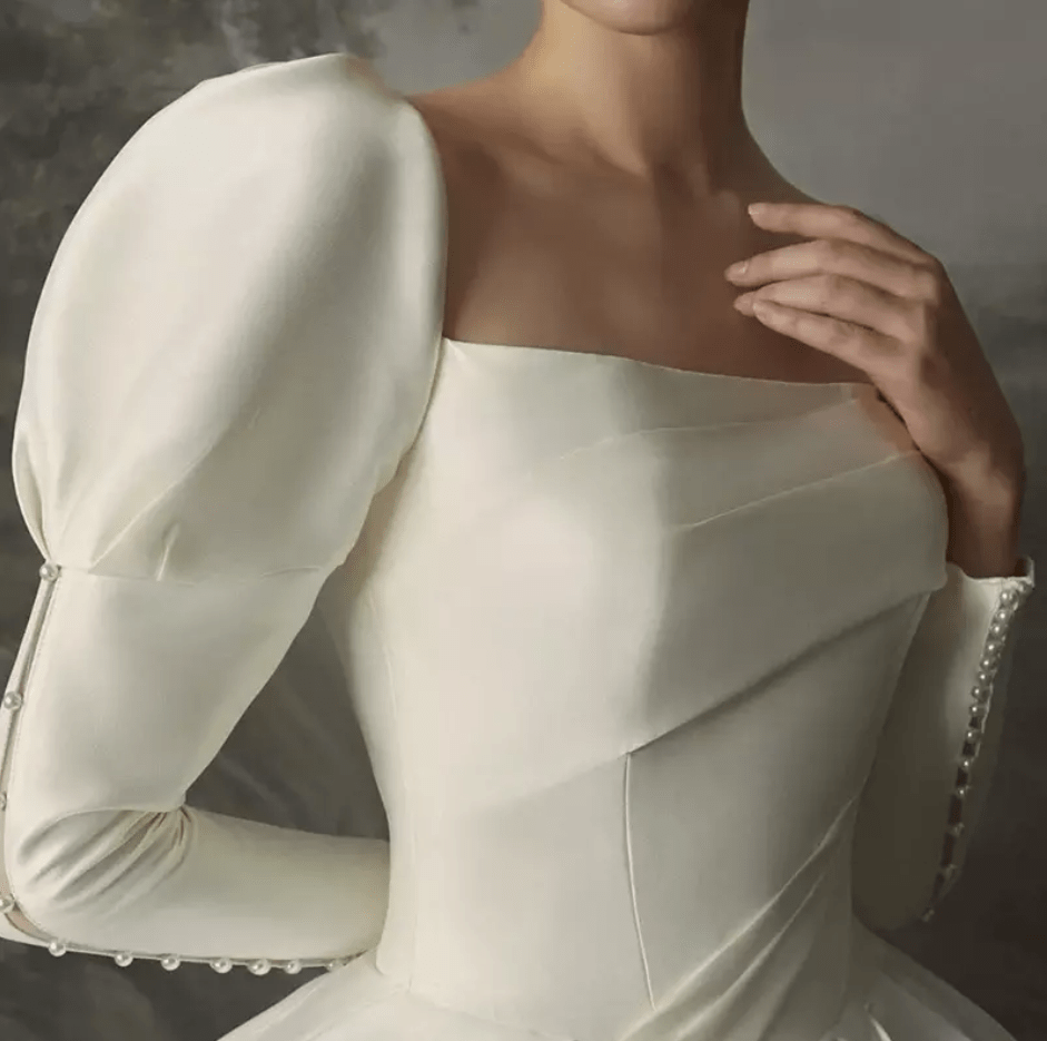 Long Puff Sleeve Satin Cathedral Train Wedding Dress - Mura Boutique