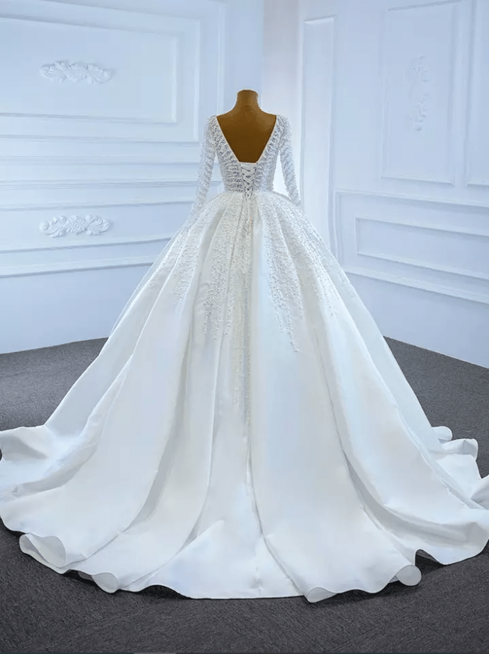 Long Sleeve Deep Neck Beaded Wedding Dress - Mura Boutique