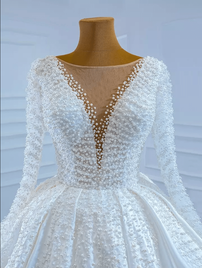 Long Sleeve Deep Neck Beaded Wedding Dress - Mura Boutique
