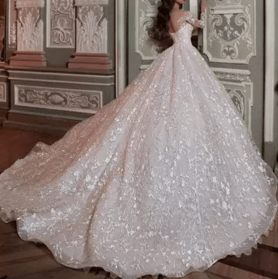 Long Sleeve Floral Detail Ball Wedding Dress - Mura Boutique