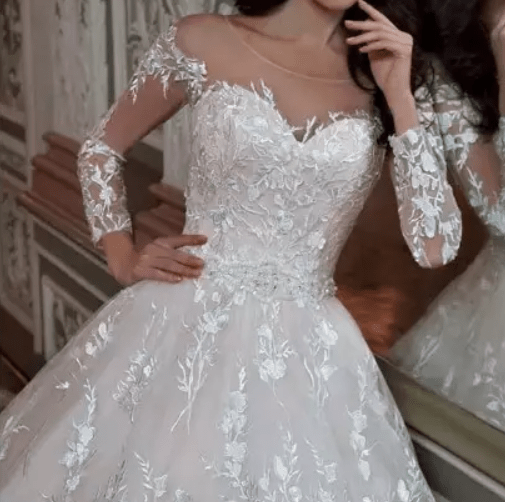 Long Sleeve Floral Detail Ball Wedding Dress - Mura Boutique
