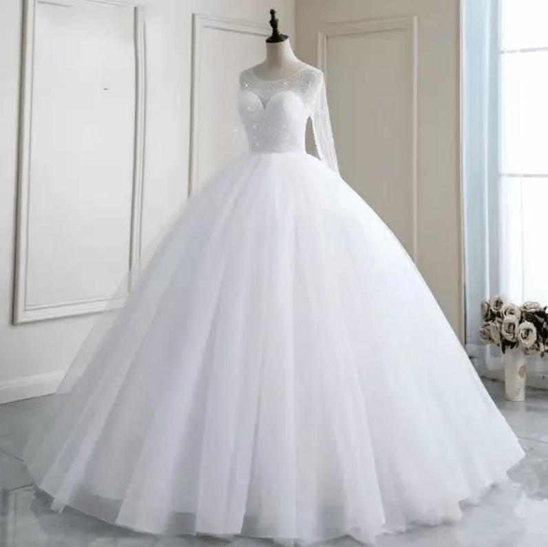 Long Sleeve Sheer Sweetheart Cathedral Train Wedding Dress - Mura Boutique