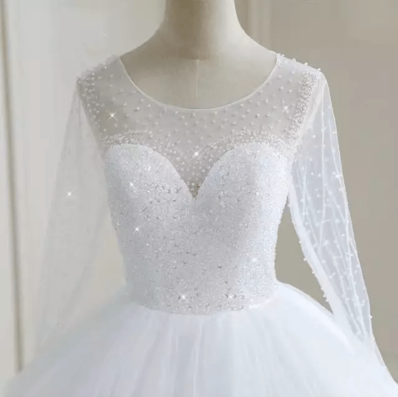 Long Sleeve Sheer Sweetheart Cathedral Train Wedding Dress - Mura Boutique