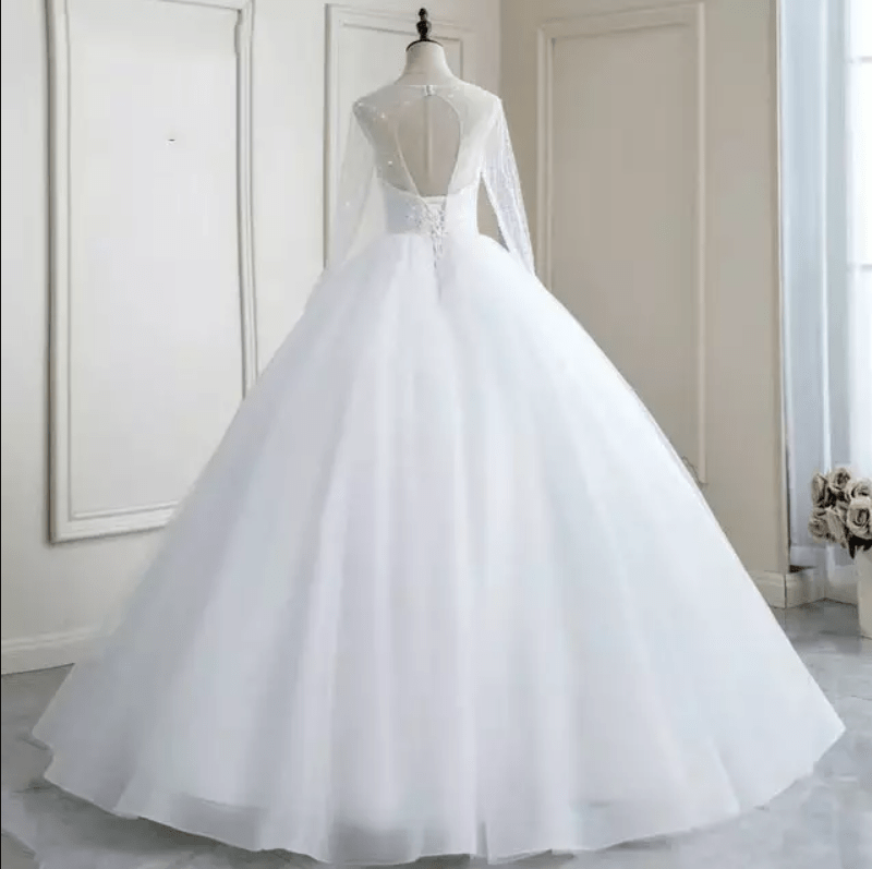 Long Sleeve Sheer Sweetheart Cathedral Train Wedding Dress - Mura Boutique