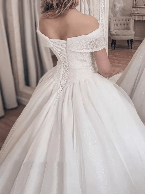 Off Shoulder Beaded Ball Wedding Dress - Mura Boutique