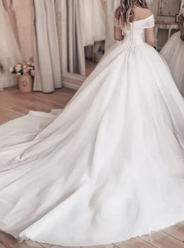 Off Shoulder Beaded Ball Wedding Dress - Mura Boutique
