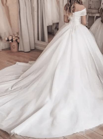 Off Shoulder Beaded Ball Wedding Dress - Mura Boutique