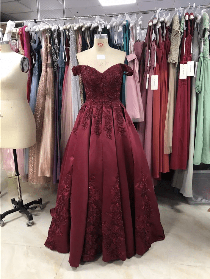 Off Shoulder Floral Embroidery Beaded Ball Evening Gown - Mura Boutique