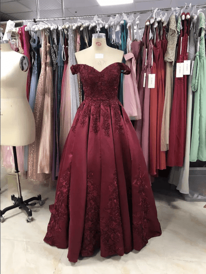 Off Shoulder Floral Embroidery Beaded Ball Evening Gown - Mura Boutique