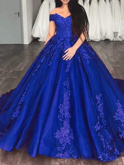 Off Shoulder Floral Embroidery Beaded Ball Evening Gown - Mura Boutique