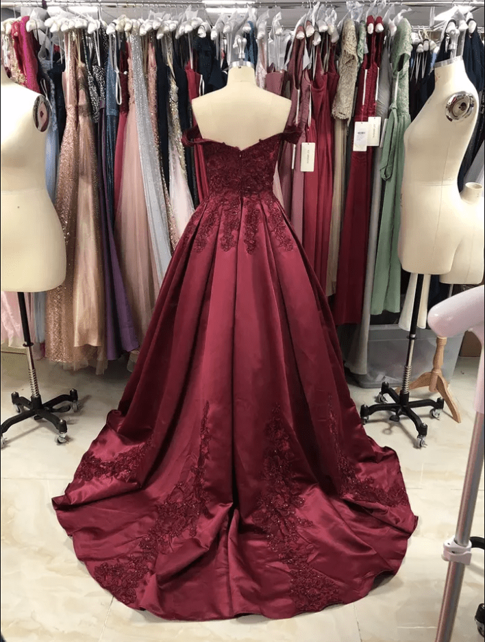 Off Shoulder Floral Embroidery Beaded Ball Evening Gown - Mura Boutique
