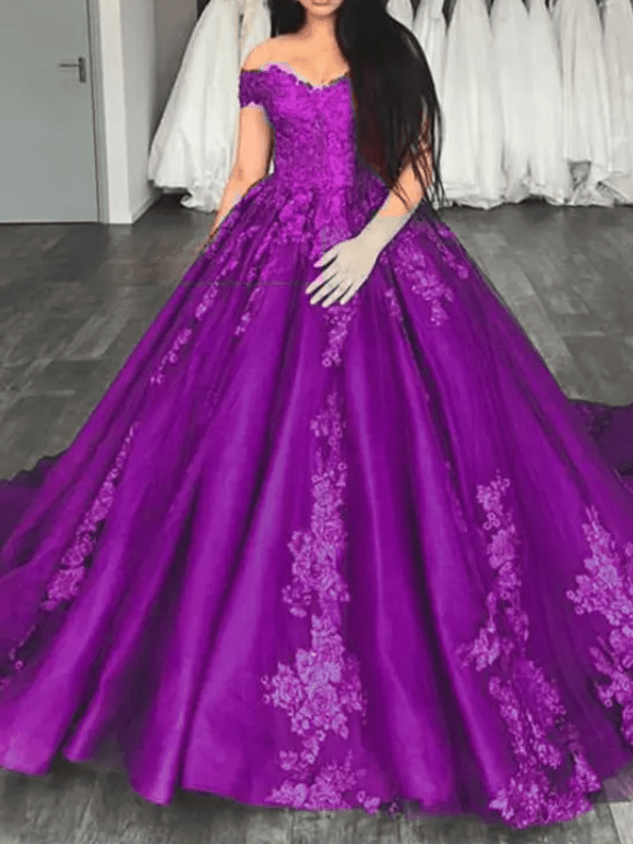 Off Shoulder Floral Embroidery Beaded Ball Evening Gown - Mura Boutique