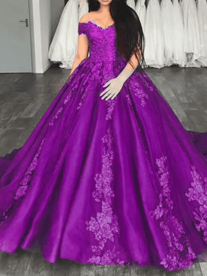 Off Shoulder Floral Embroidery Beaded Ball Evening Gown - Mura Boutique
