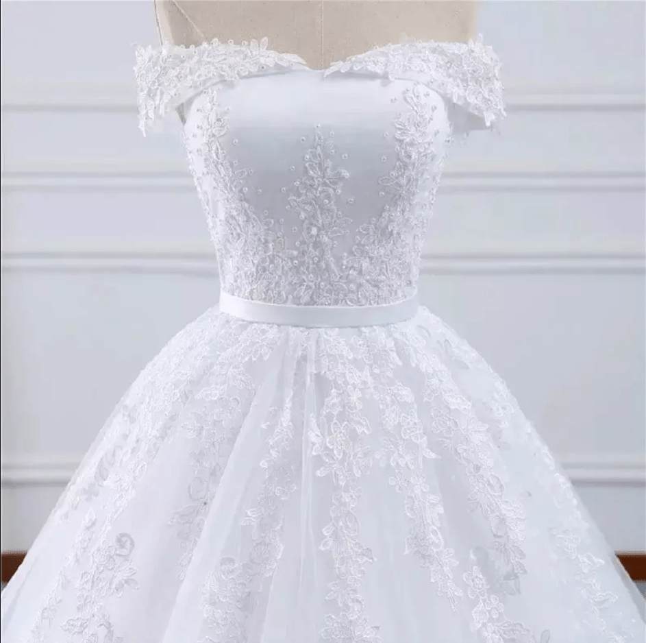 Off Shoulder Floral Embroidery Cathedral Train Wedding Dress - Mura Boutique