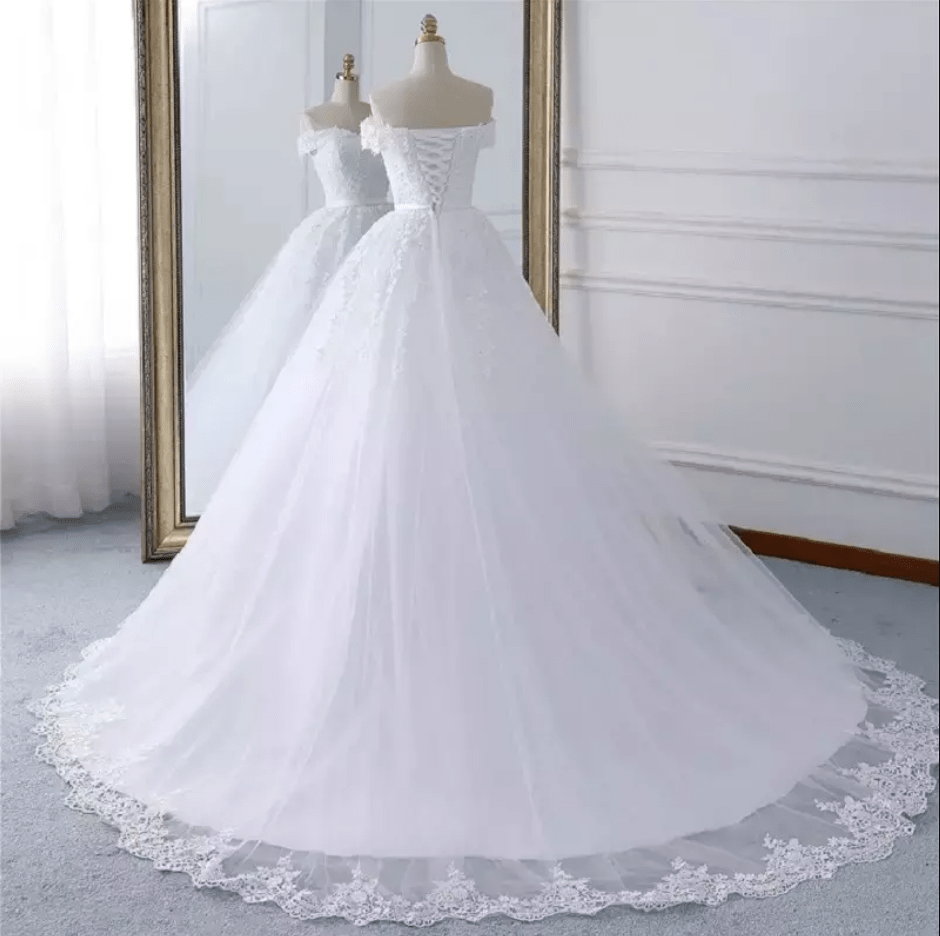 Off Shoulder Floral Embroidery Cathedral Train Wedding Dress - Mura Boutique