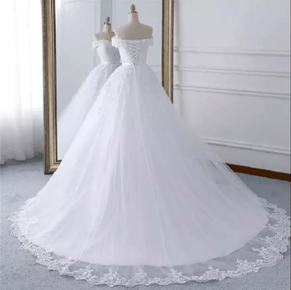 Off Shoulder Floral Embroidery Cathedral Train Wedding Dress - Mura Boutique