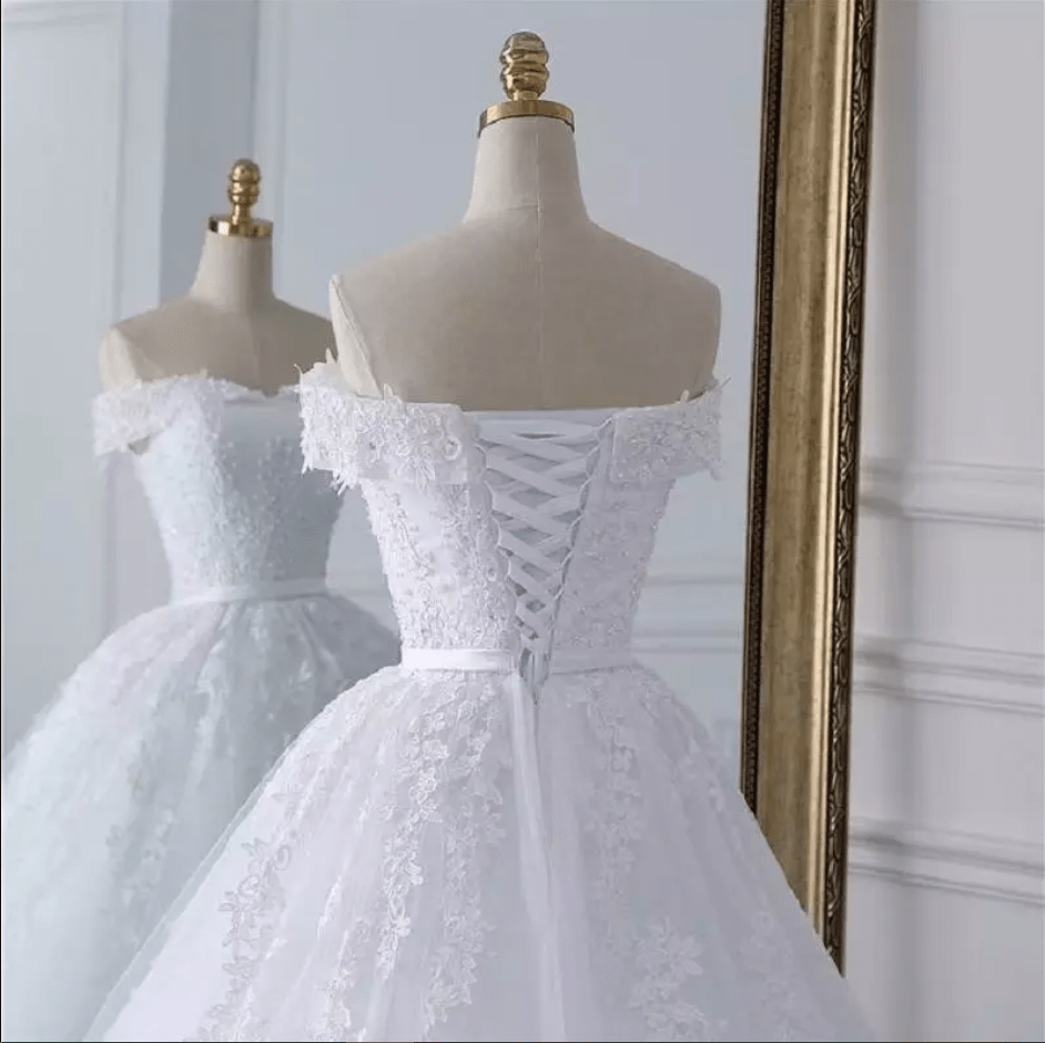 Off Shoulder Floral Embroidery Cathedral Train Wedding Dress - Mura Boutique