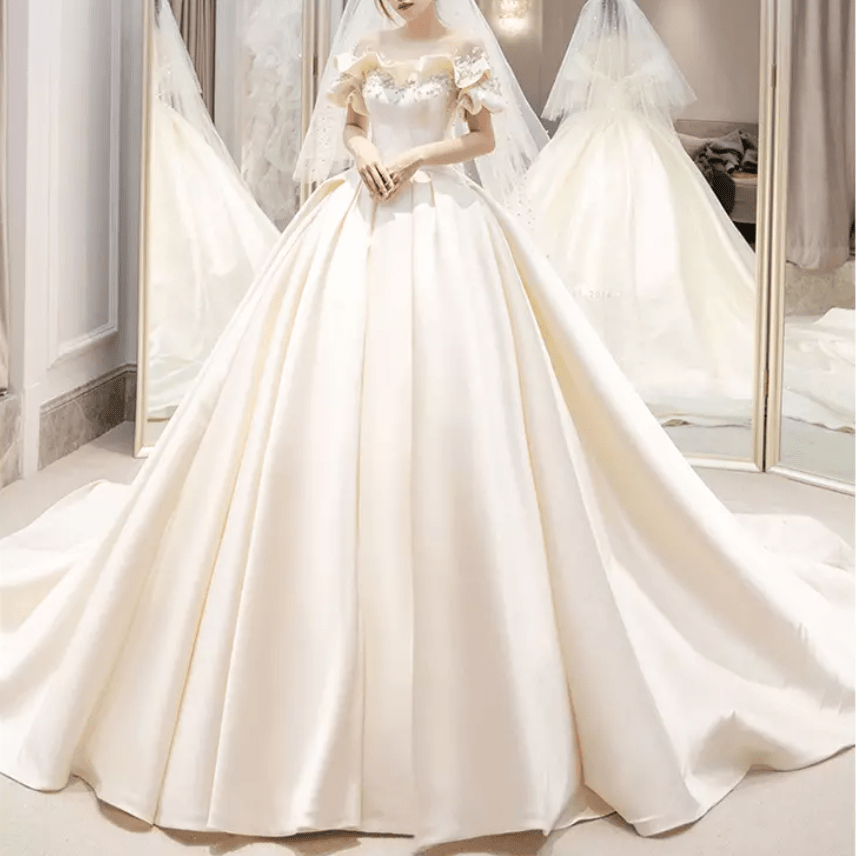 Off Shoulder Flower Detail Satin Ball Wedding Dress - Mura Boutique