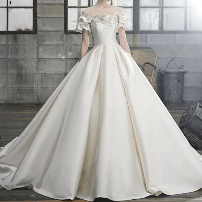 Off Shoulder Flower Detail Satin Ball Wedding Dress - Mura Boutique