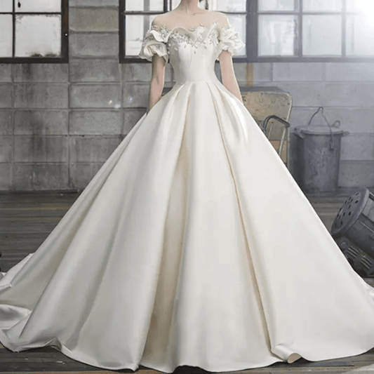 Off Shoulder Flower Detail Satin Ball Wedding Dress - Mura Boutique