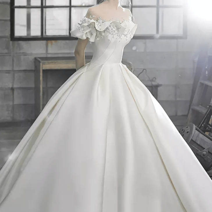 Off Shoulder Flower Detail Satin Ball Wedding Dress - Mura Boutique