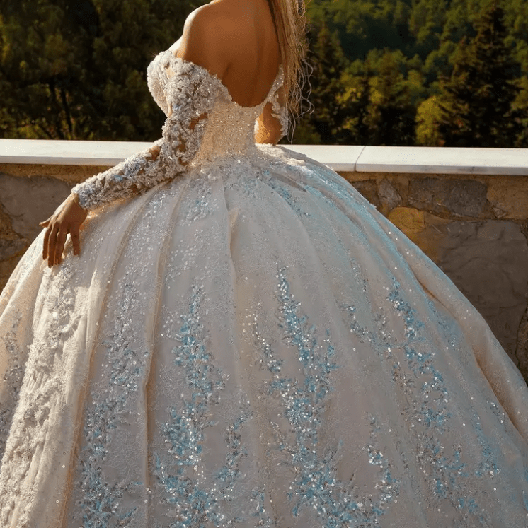 Off Shoulder Long Sleeves Lace Cathedral Train Wedding Dress - Mura Boutique