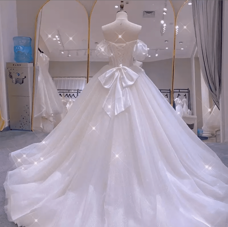 Off Shoulder Ribbon Beaded Cathedral Train Wedding Dress - Mura Boutique