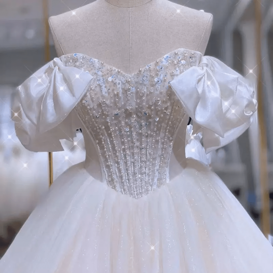 Off Shoulder Ribbon Beaded Cathedral Train Wedding Dress - Mura Boutique
