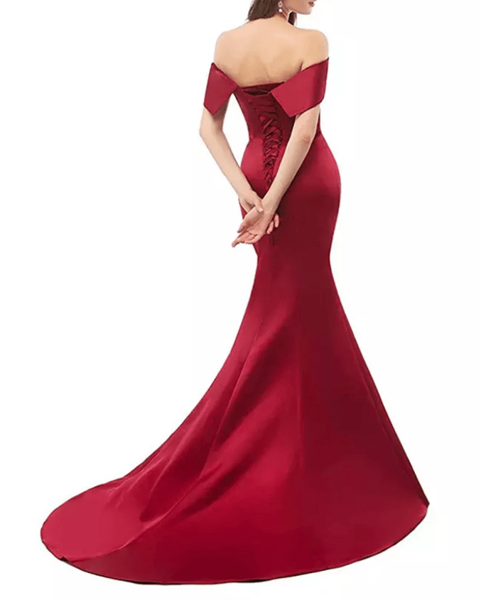 Off Shoulder Satin Mermaid Evening Gown - Mura Boutique