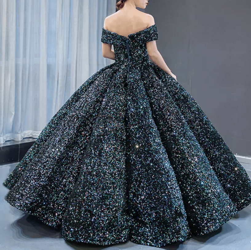 Off Shoulder Sequin Ball Evening Gown - Mura Boutique