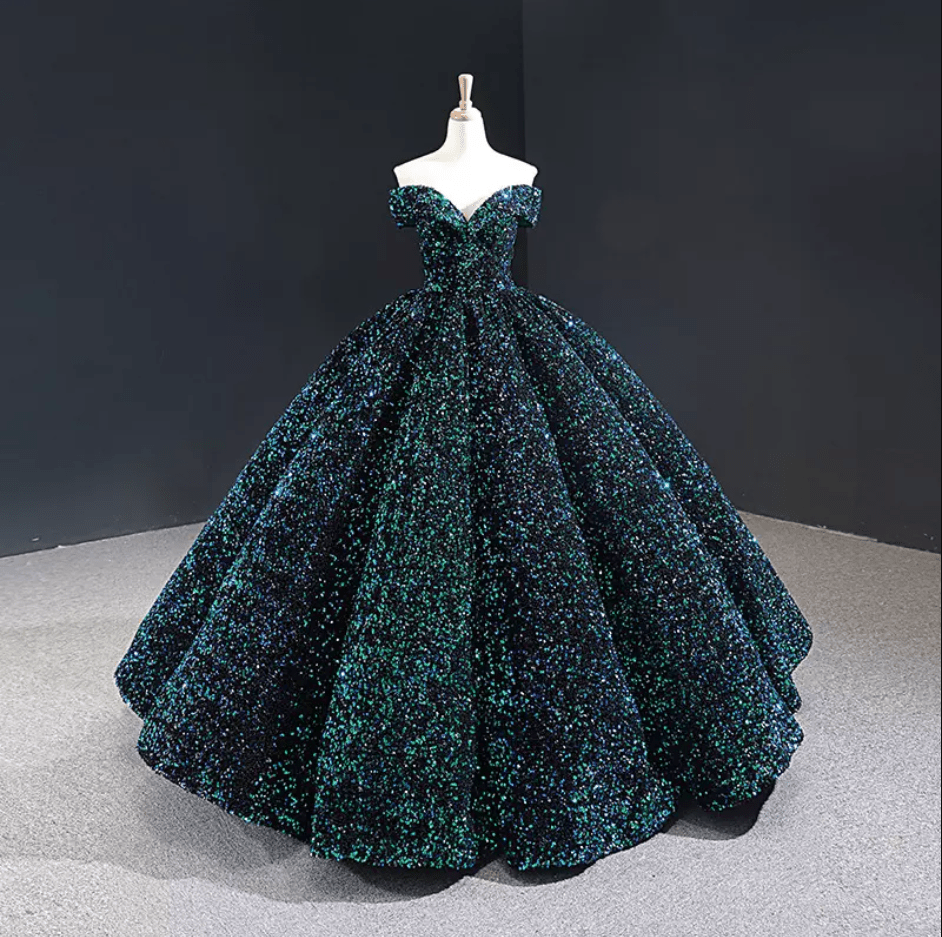 Off Shoulder Sequin Ball Evening Gown - Mura Boutique